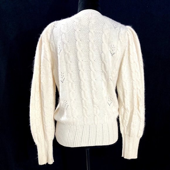 VTG Sideffects Sweater Cream Soft Angora Pearl Cable Knit Wrap Puff Shoulder S - Picture 5 of 9